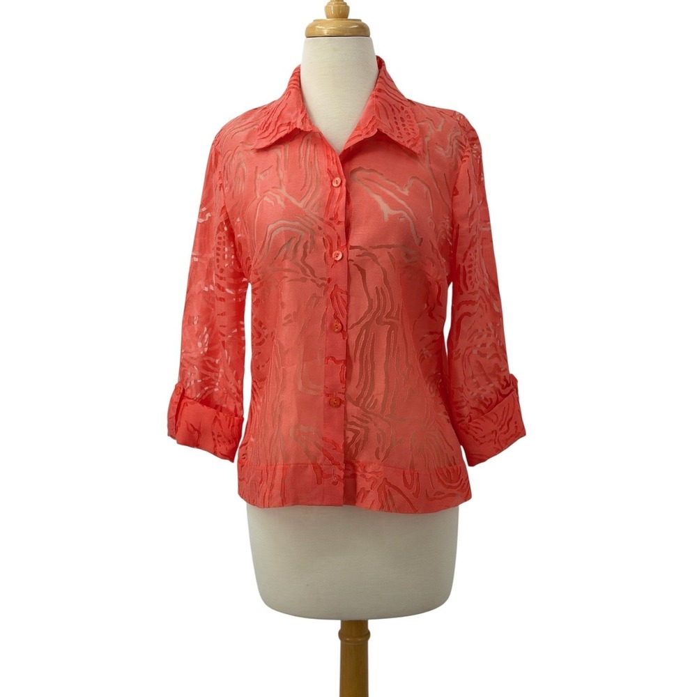 Choices Women's Coral Pink Burnout Button Front Blouse 3/4 Sleeve Size Small